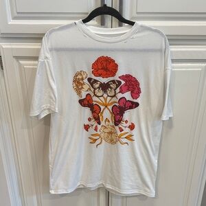 White Short Sleeve Graphic Tee with Floral & Butterfly Print